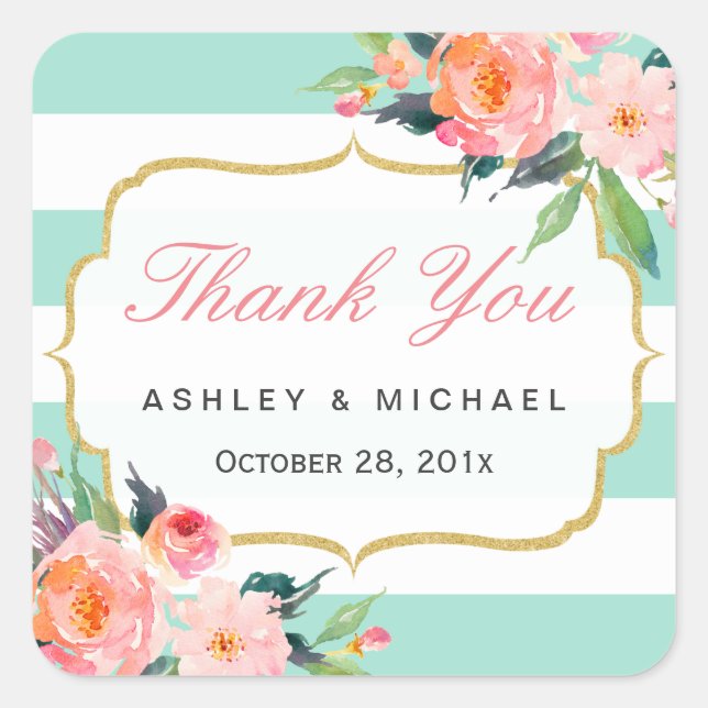 Sticker Carré Aquarelle à la menthe verte Merci Floral (Devant)