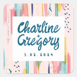 Sticker Carré Aquarelle Abstraite couleur brosse pointes Mariage