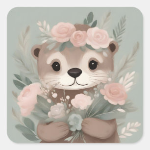 Sticker Carré Aquarelle adorable Otter Boho