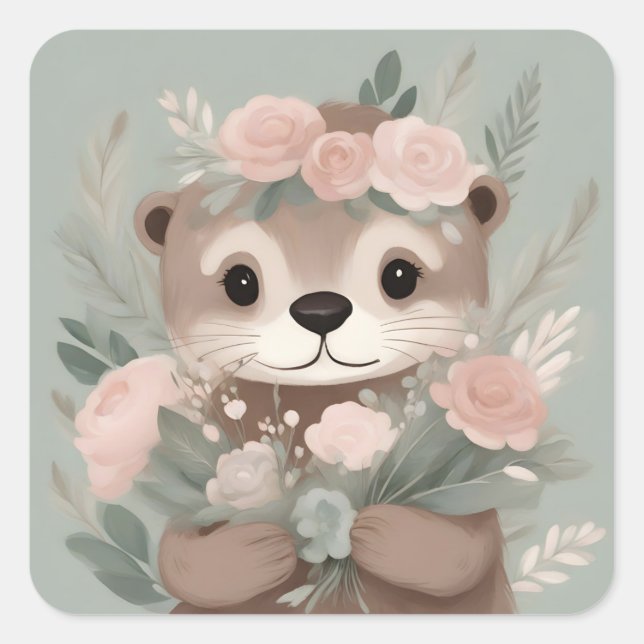 Sticker Carré Aquarelle adorable Otter Boho (Devant)