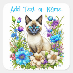 Sticker Carré Aquarelle Ai personnalisée Chat siamois en Fleurs
