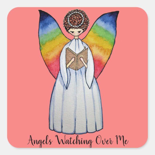 Sticker Carré Aquarelle Angel Avec Arcs-En-Ciel Lire Un Livre (Devant)