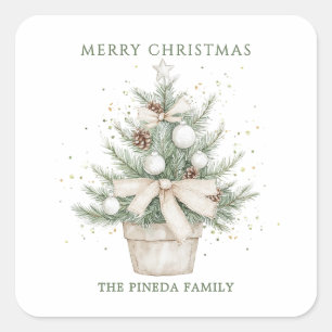 Sticker Carré Aquarelle Arbre de Noël à pots rustiques