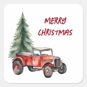 Sticker Carré Aquarelle Arbre de Noël et Camion Vintage