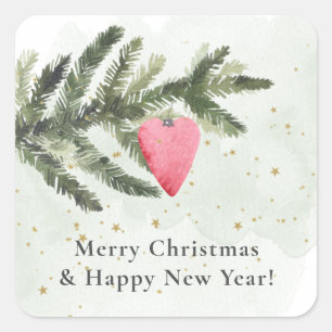 Sticker Carré Aquarelle Arbre du sapin + Ornement du coeur rouge