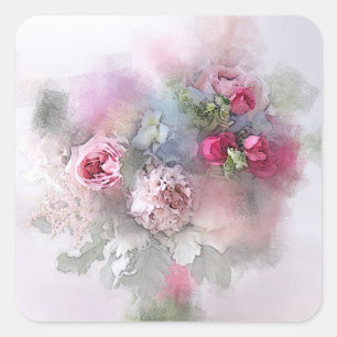 Sticker Carré Aquarelle Art rose Roses rouges Modèle blanc