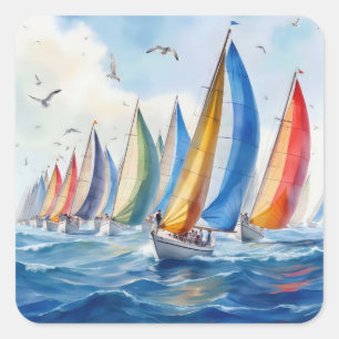 Sticker Carré Aquarelle Artwork Voilier Regatta