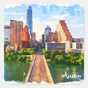 Sticker Carré Aquarelle Austin Texas Vintage voyage City