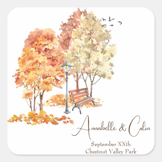 Sticker Carré Aquarelle Automne dans le Mariage du parc (Devant)