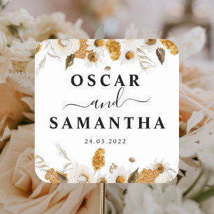 Sticker Carré Aquarelle Automne Jaune & Blanc Cadre Floral