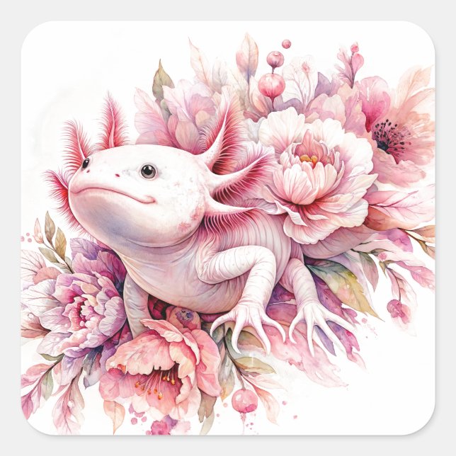 Sticker Carré Aquarelle Axolotl Parmi Les Fleurs Roses (Devant)