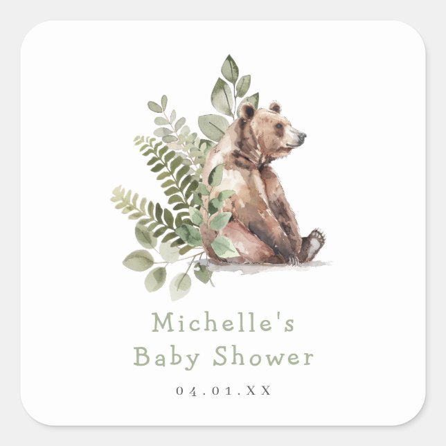 Sticker Carré Aquarelle Baby shower d'ours de bois (Devant)