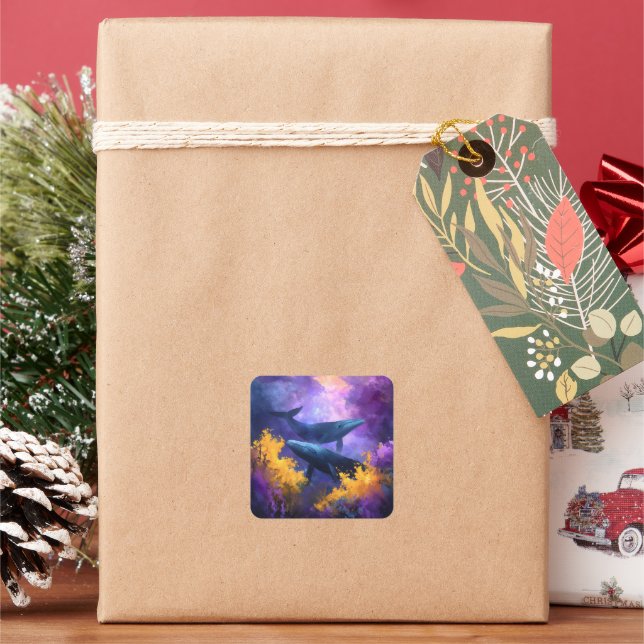 Sticker Carré Aquarelle Baleines Jardin Océan Abstrait (vacances)