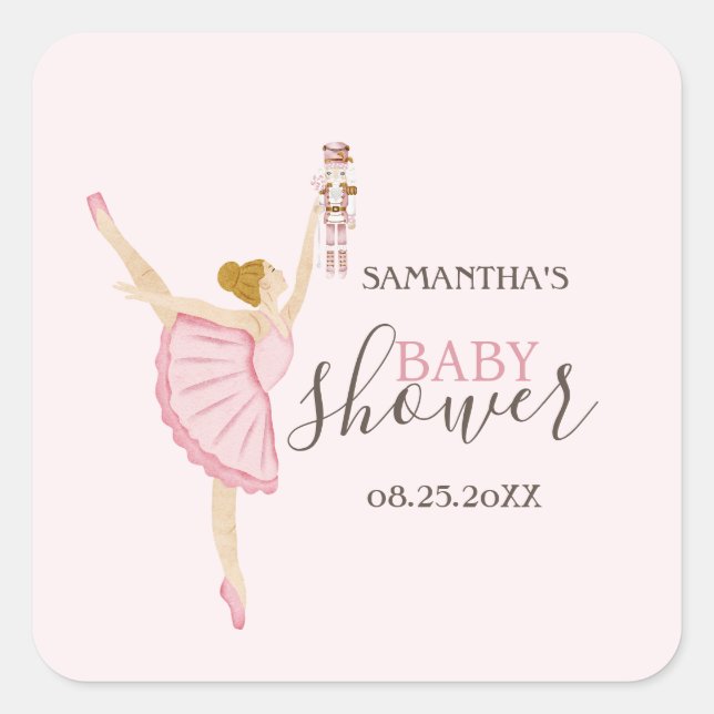 Sticker Carré Aquarelle Ballerina Nutcracker Baby shower rose (Devant)