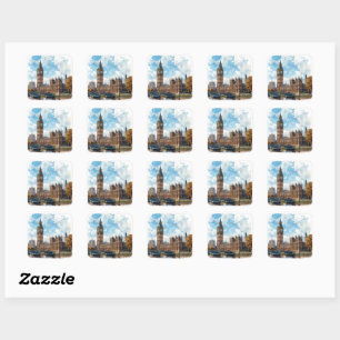 Sticker Carré Aquarelle Big Ben Westminster Palace Londres