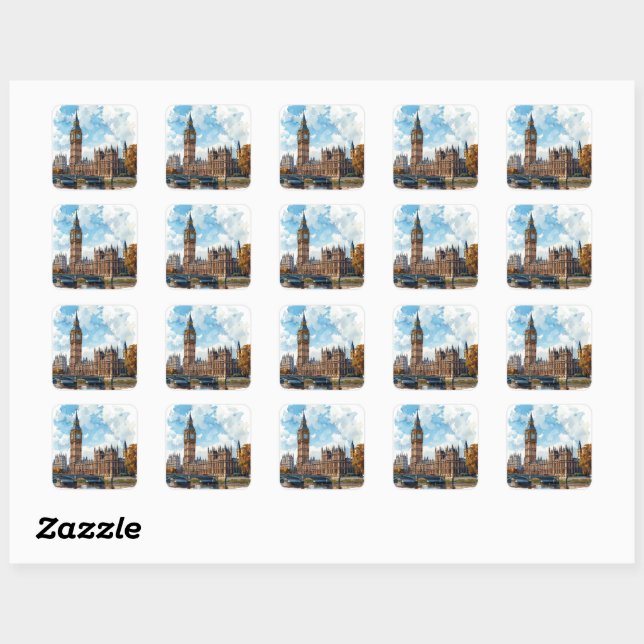 Sticker Carré Aquarelle Big Ben Westminster Palace Londres (Feuille)
