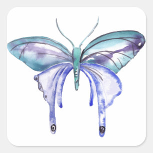 Sticker Carré Aquarelle bleu Aqua Purple papillon