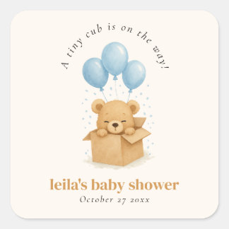 Sticker Carré Aquarelle Bleu Baby shower de l'ours Bleu