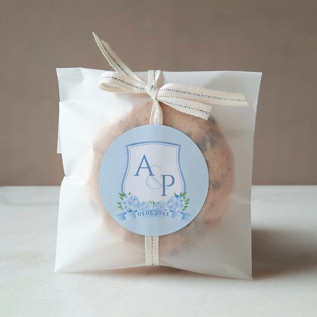 Sticker Carré Aquarelle Bleu Blanc Hydrangea Mariage Crest (Elegant blue and white monogram wedding crest favor sticker or wedding welcome pack sticker)
