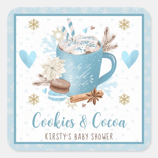 Sticker Carré Aquarelle Bleu Cookies et Baby shower de cacao (Devant)
