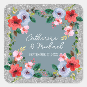 Sticker Carré Aquarelle bleu Dusty Parties scintillant argent Fl