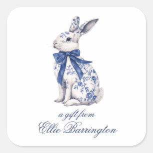Sticker Carré Aquarelle Bleu et blanc Chinoiserie Lapin Rabbit