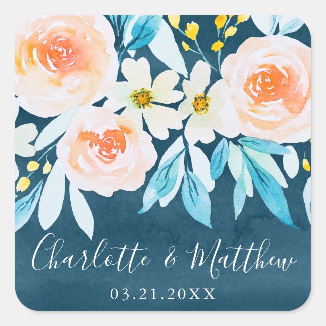 Sticker Carré Aquarelle bleu foncé moderne Mariage floral (Devant)