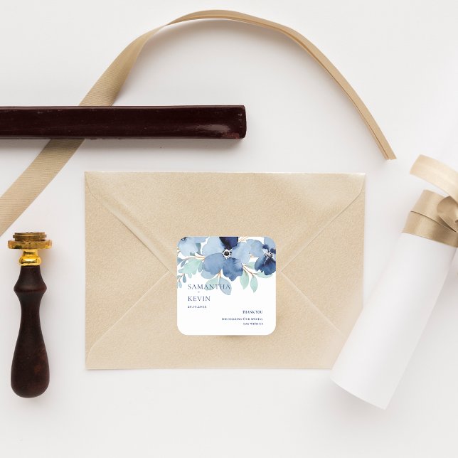 Sticker Carré Aquarelle bleu Mariage Floral Merci (Watercolor Blue Floral Wedding Thank You Square Sticker)