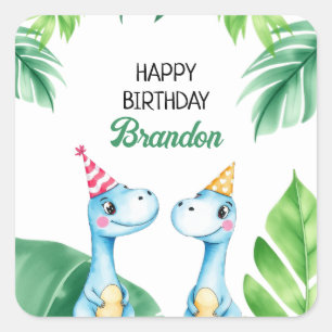 Sticker Carré Aquarelle Bleu Trex Vert Enfants 3e anniversaire