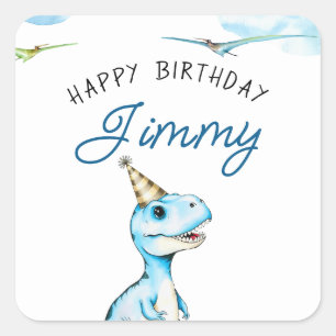 Sticker Carré Aquarelle Bleu Trois Rex Dinosaur Anniversaire