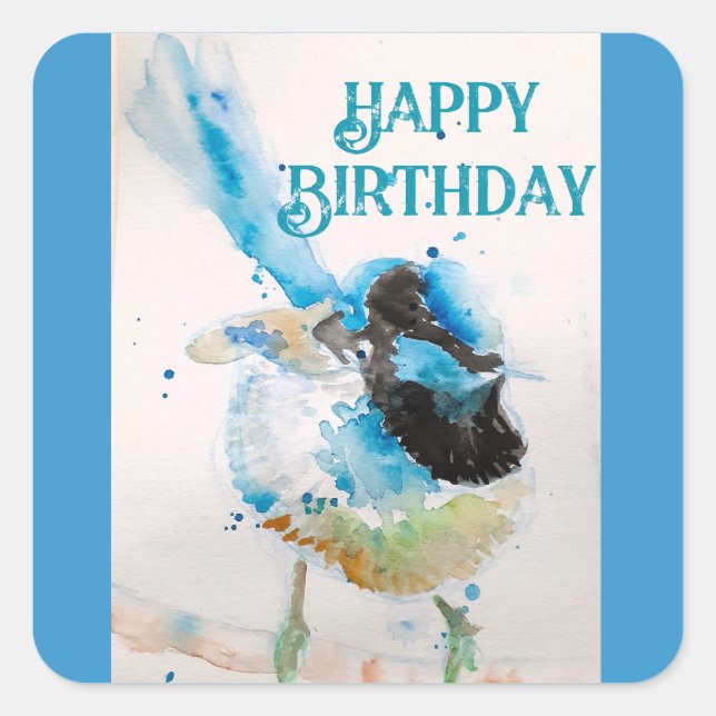 Sticker Carré Aquarelle bleu Wren Joyeux Anniversaire Wrens Aqua (Devant)
