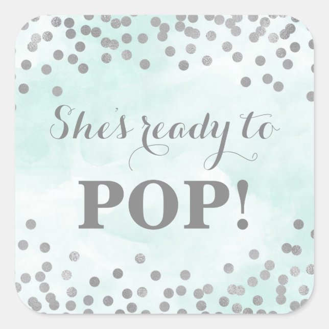 Sticker Carré Aquarelle bleue Confetti en argent Elle est prête  (Devant)