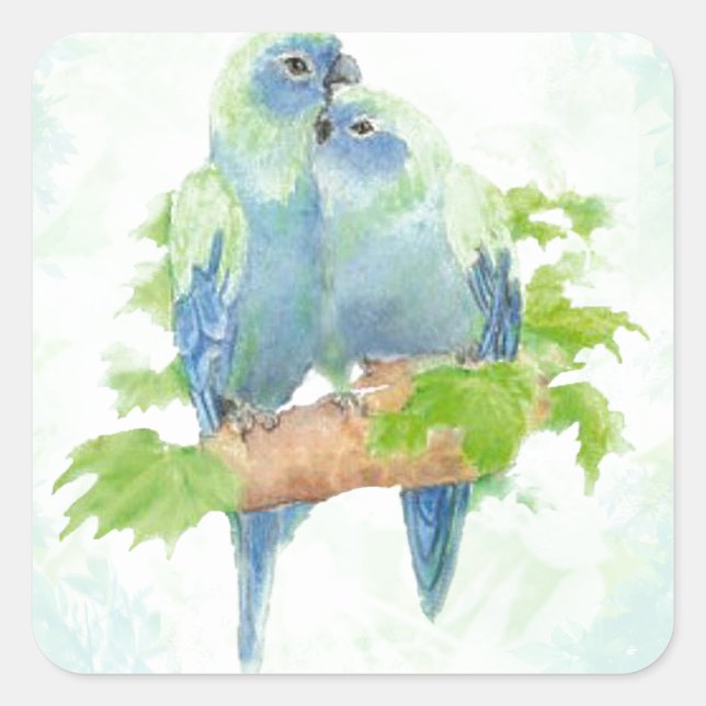 Sticker Carré Aquarelle bleue et verte Oiseaux de perroquets tro (Devant)