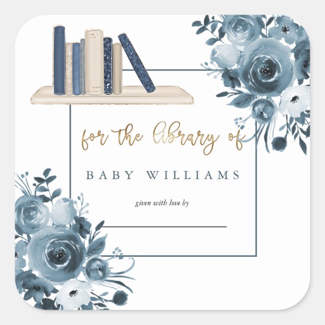 Sticker Carré Aquarelle bleue Floral Boy Baby shower Plaque de r (Devant)