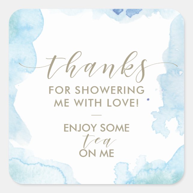 Sticker Carré Aquarelle bleue Merci Fête des mariées Thé Faveur (Devant)