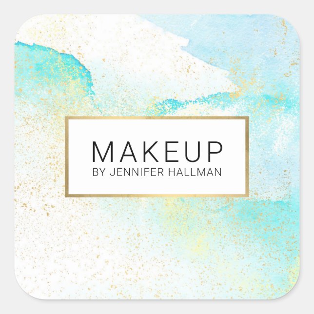 Sticker Carré Aquarelle bleue Turquoise Abstraite Faux Gold Dust (Devant)