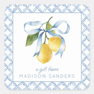 Sticker Carré Aquarelle Blue Bow Lemons Cadeau