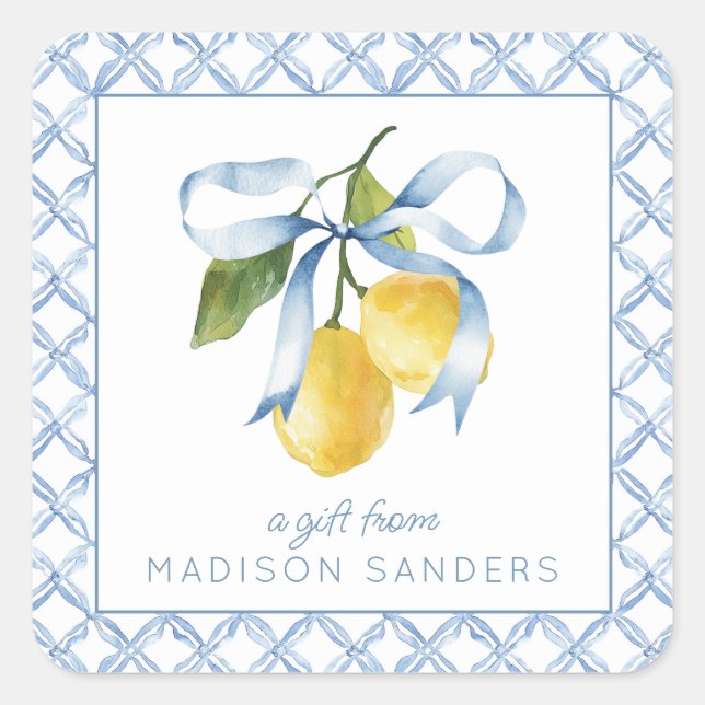 Sticker Carré Aquarelle Blue Bow Lemons Cadeau (Devant)