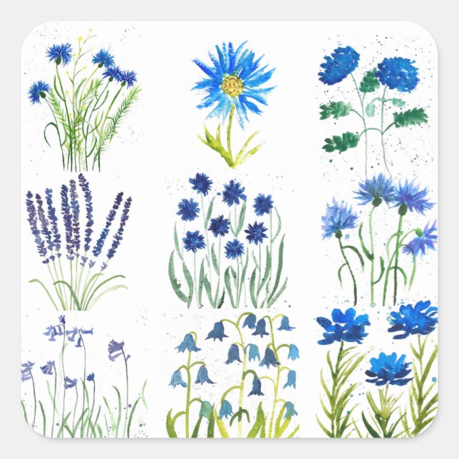Sticker Carré Aquarelle Blue Flowers Collection Chic Rustique (Devant)