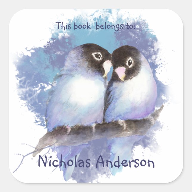 Sticker Carré Aquarelle Blue Lovebirds Inséparables Bookplate ar (Devant)