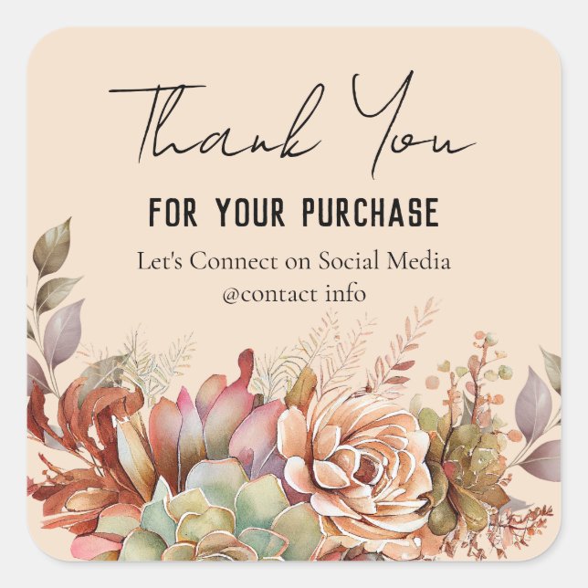 Sticker Carré Aquarelle Boho Cactus Merci d'affaires (Devant)