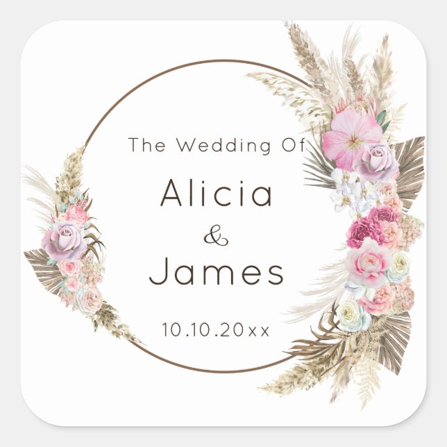 Sticker Carré Aquarelle Boho Fleurs et plumes (Devant)