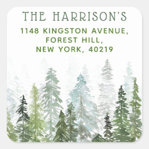 Sticker Carré Aquarelle Bois Pins Arbres Retourner l'adresse