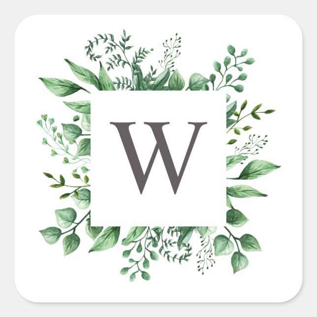 Sticker Carré Aquarelle bois verdure mariage monogramme (Devant)