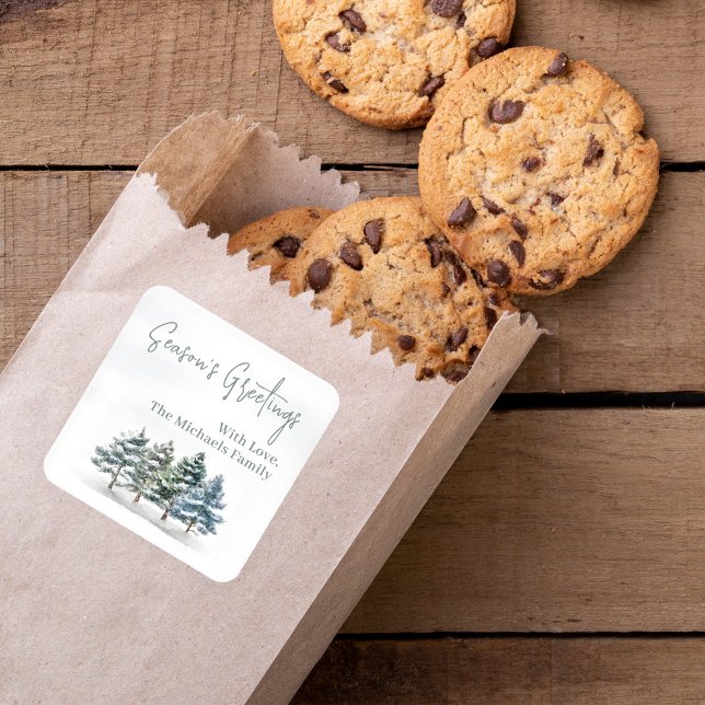 Sticker Carré Aquarelle Bonnes Fêtes Pins Arbres Personnalisés (Custom sticker with winter woodland pine trees. )