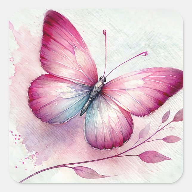 Sticker Carré Aquarelle botanique rose papillon (Devant)