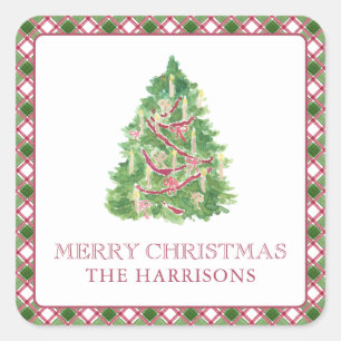 Sticker Carré Aquarelle Bourgogne et arbre de Noël vert plaid