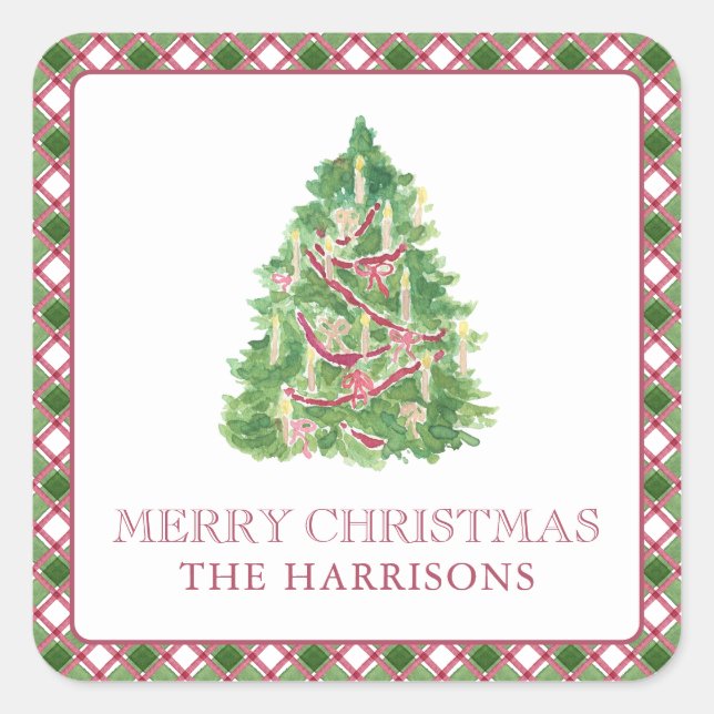 Sticker Carré Aquarelle Bourgogne et arbre de Noël vert plaid (Devant)
