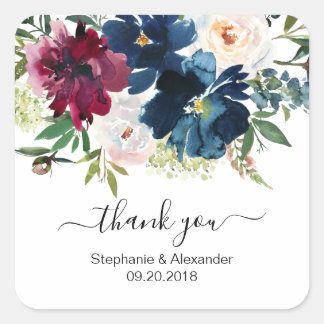 Sticker Carré Aquarelle Bourgogne Marine Fleurs Mariage Merci