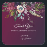 Sticker Carré Aquarelle Bourgogne Splendor Merci Floral<br><div class="desc">Aquarelle éléments floraux dans de belles couleurs,  enfilé sur une toile lavée bordeaux,  et finie par une élégante calligraphie en ivoire...  mettant en évidence les sentiments de la mariée et du marié.</div>